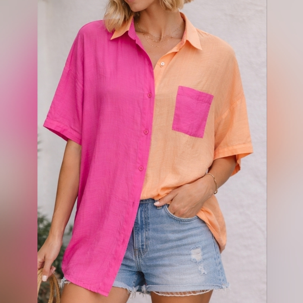 Colorblock Button Up Shirt Pink Peach Oversized Rayon Lightweight Blouse L